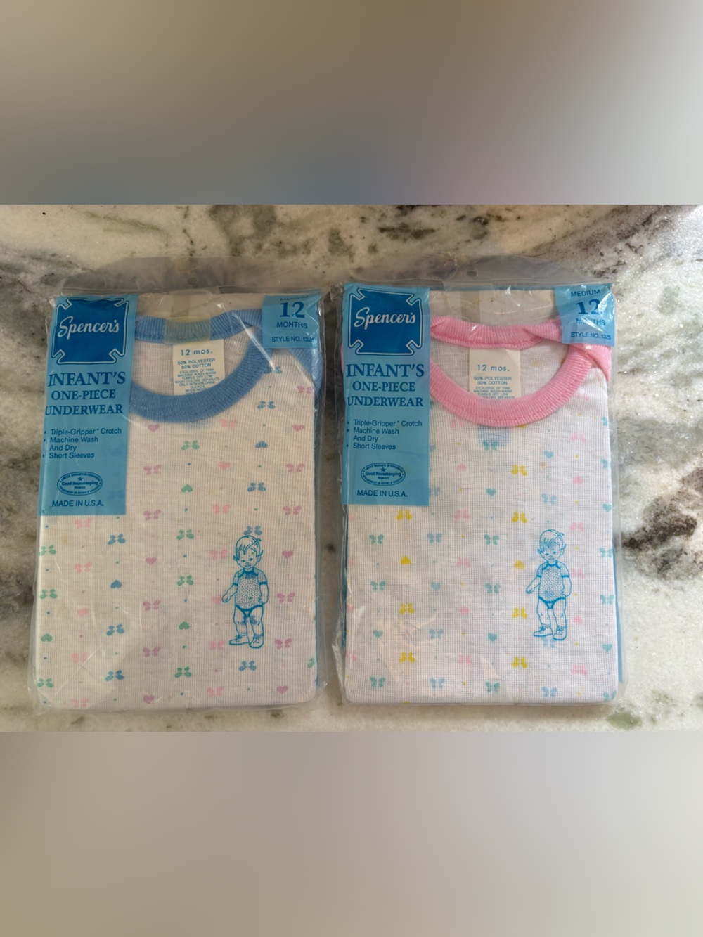 VTG Spencer's Infant Onsies 12 Months - Pink & Blue Trim New Old Stock 1980s